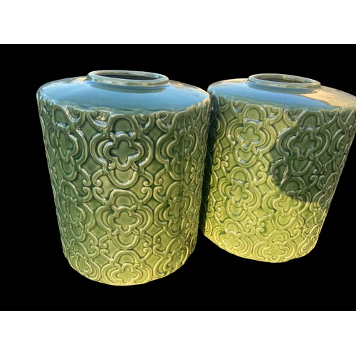 120 - A NEW PAIR OF GREEN GLAZED POTTERY VASE