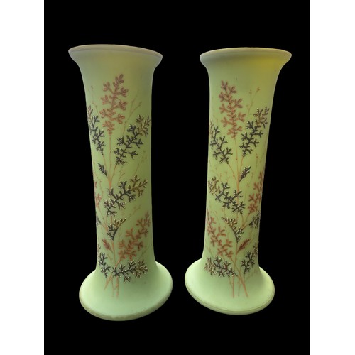 304 - A PAIR OF STUNNING BRISTOL GREEN HAND PAINTED VASE WITH A GILT OVERLAY