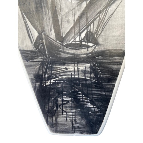 336 - HAND DRAWN RETRO SHAPED PALTE BOAT IN STILL WATERS MARKS TO BASE