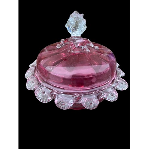 378 - 2 RUBY GLASS POT POURRI DISH AND LIDS WITH CLEAR GLASS OVERLAY