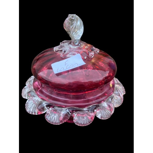 378 - 2 RUBY GLASS POT POURRI DISH AND LIDS WITH CLEAR GLASS OVERLAY