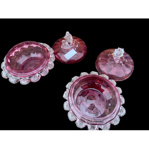 378 - 2 RUBY GLASS POT POURRI DISH AND LIDS WITH CLEAR GLASS OVERLAY