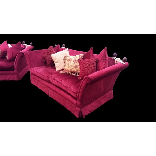 366 - A PAIR RED VELVET FINISHED 3 SEATTER DROP END COUCH