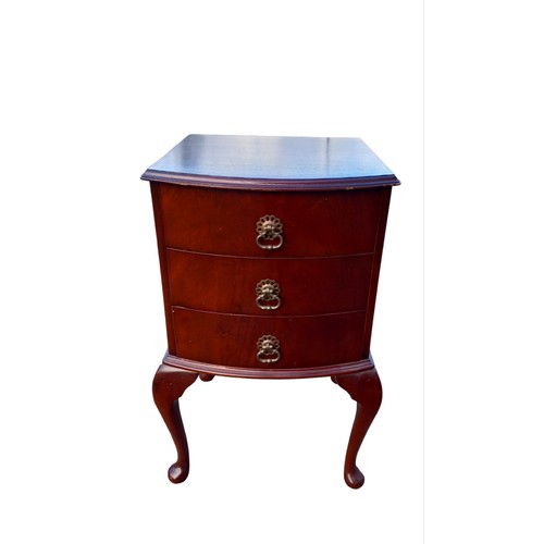 404 - MAHOGANY 3 DRAWER BEDSIDE WITH QUEEN ANNE LEGS