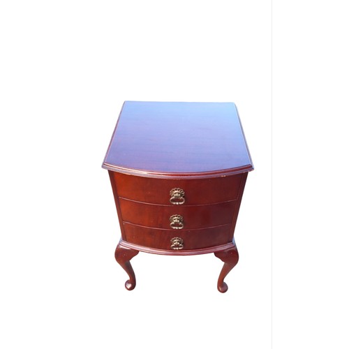 404 - MAHOGANY 3 DRAWER BEDSIDE WITH QUEEN ANNE LEGS