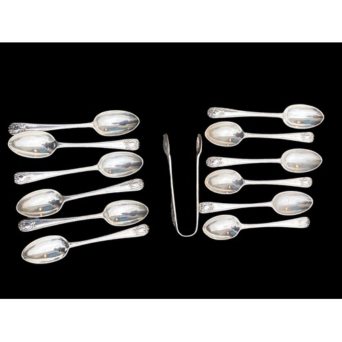 546 - A LONDON 1906 SILVER 13 PIECE TEASPOON SET WITH SUGAR TONGS IN FITTED BOX BY JOSIAH WILLIAMS &Co  13... 