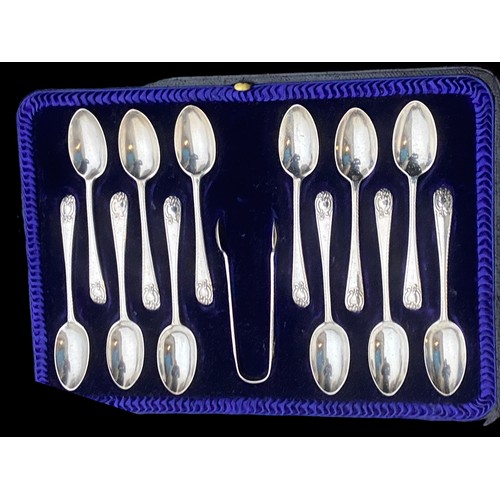 546 - A LONDON 1906 SILVER 13 PIECE TEASPOON SET WITH SUGAR TONGS IN FITTED BOX BY JOSIAH WILLIAMS &Co  13... 