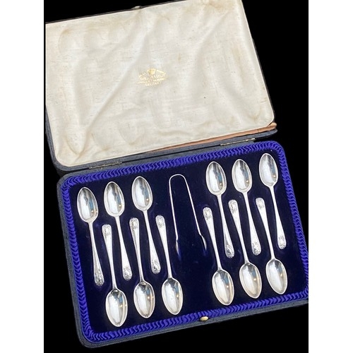 546 - A LONDON 1906 SILVER 13 PIECE TEASPOON SET WITH SUGAR TONGS IN FITTED BOX BY JOSIAH WILLIAMS &Co  13... 