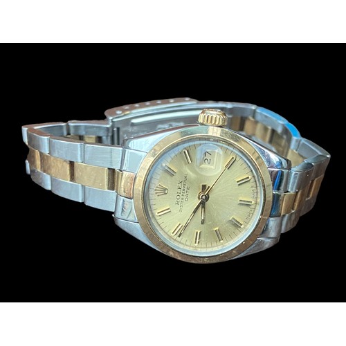 578 - A 1984 VINTAGE ROLEX -OYSTER PERPETUAL DATE CHAMPAGNE DIAL ,DATE WINDOW ON STEEL AND GOLD BRACELET O... 