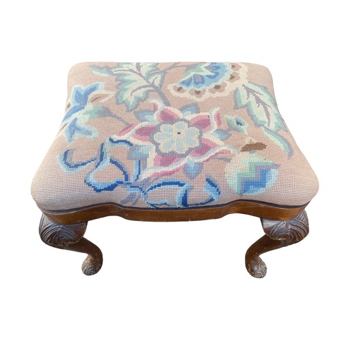 651 - A BEAUTIFULLY SHAPED TAPESTRY TOPPED CARVED LEG VICTORIAN STOOL GILLESPIE & WOODSIDE BELFAST