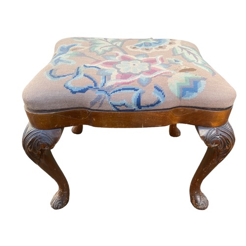 651 - A BEAUTIFULLY SHAPED TAPESTRY TOPPED CARVED LEG VICTORIAN STOOL GILLESPIE & WOODSIDE BELFAST