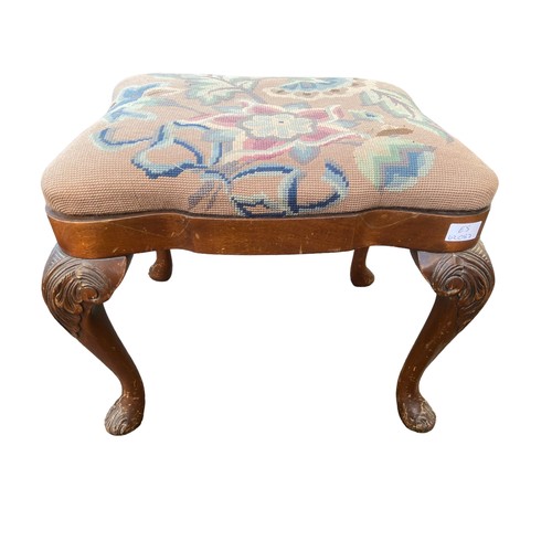 651 - A BEAUTIFULLY SHAPED TAPESTRY TOPPED CARVED LEG VICTORIAN STOOL GILLESPIE & WOODSIDE BELFAST