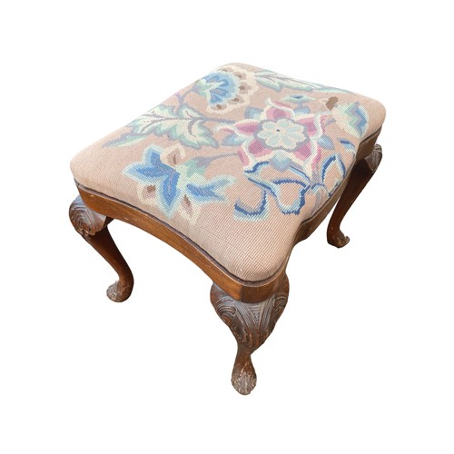 651 - A BEAUTIFULLY SHAPED TAPESTRY TOPPED CARVED LEG VICTORIAN STOOL GILLESPIE & WOODSIDE BELFAST