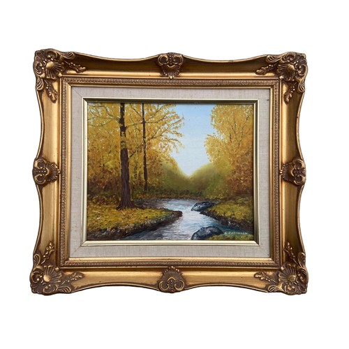 2 - OIL ON BOARD FOREST SCENE BY L.ROBINSON IN ORNATE FRAME 16x17