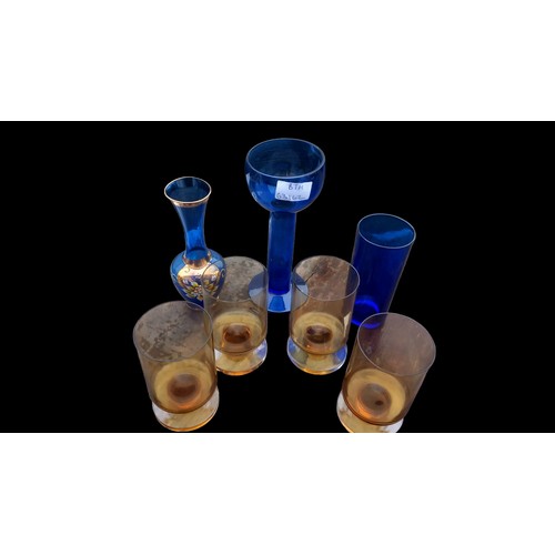 16 - 3 PIECES OF BRISTOL BLUE GLASS & 4 AMBER GLASS