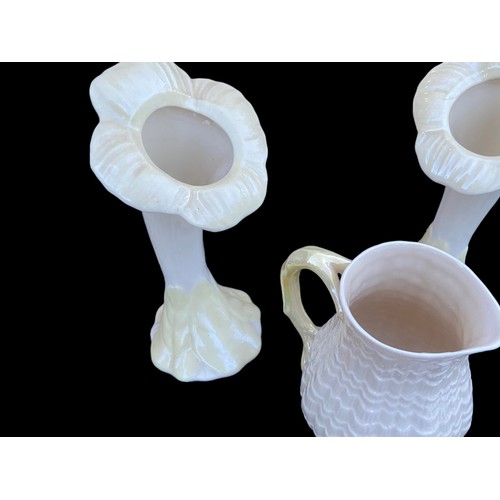 44 - A PAIR OF SHAPED BELLEEK SPILL VASE & A BELLEEK JUG