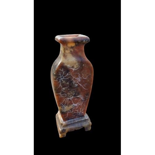 53 - 2 MINIATURE ORIENTAL MARBLE VASE WITH MARKINGS DEPICITNG COY 4.25