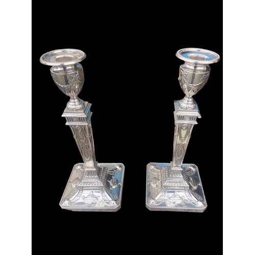 147 - FINE PAIR OF TALL NEO CLASSICAL  SILVER CANDLESTICKS BY ELLIS AND BARKER BIRMINGHAM 12