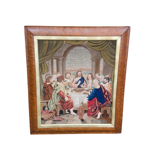 228 - AN ANTIQUE WALNUT FRAMED LAST SUPPER NEEDLEWORK 29.5X26