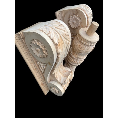 370 - 2 HIGHLY DECORATIVE CARVED CORBELS AND SPINDLE