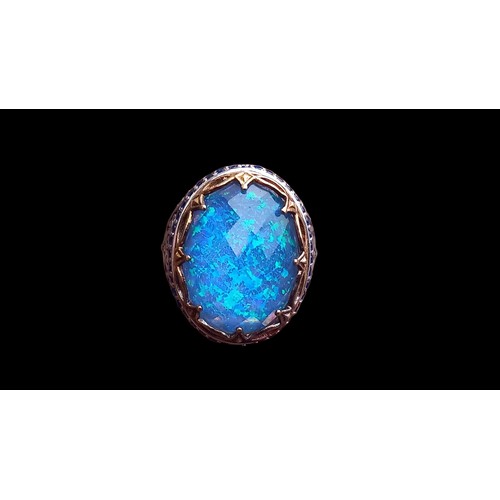 430 - EXTREMLY ORNATE SILVER RING SET WITH BLUE OPAL STYLE STONE