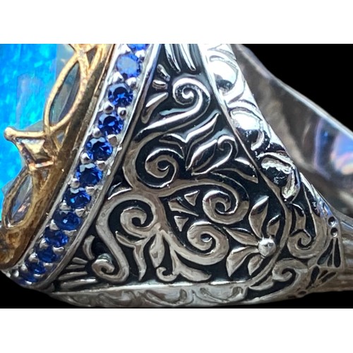 430 - EXTREMLY ORNATE SILVER RING SET WITH BLUE OPAL STYLE STONE