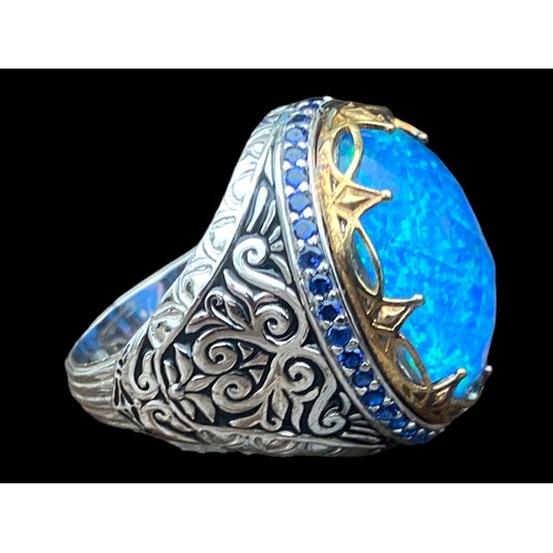 430 - EXTREMLY ORNATE SILVER RING SET WITH BLUE OPAL STYLE STONE