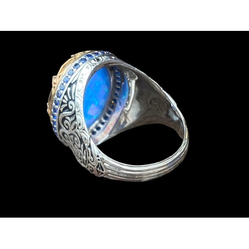 430 - EXTREMLY ORNATE SILVER RING SET WITH BLUE OPAL STYLE STONE