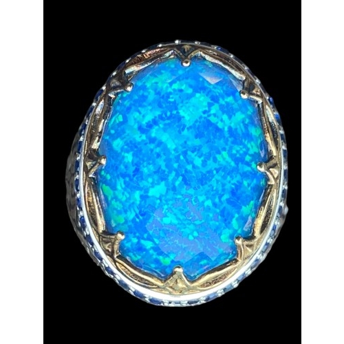 430 - EXTREMLY ORNATE SILVER RING SET WITH BLUE OPAL STYLE STONE