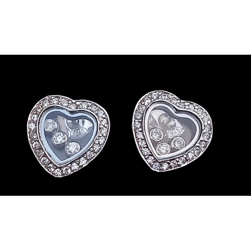 446 - A DESIGNER STYLE 9ct WHITE GOLD DIAMOND HEART EARRINGS WITH 3 FLOATING DIAMONDS TO CENTRE