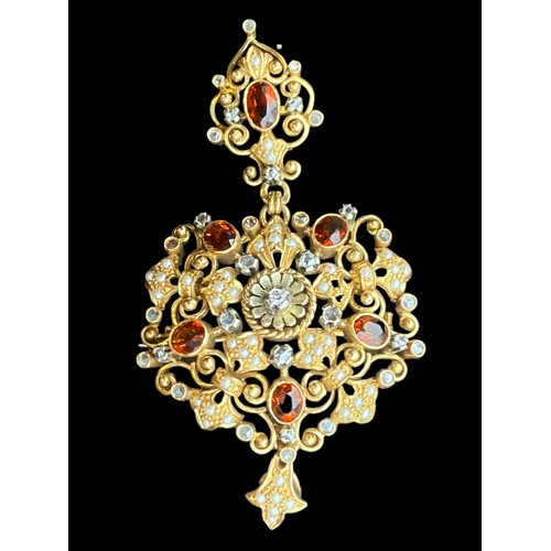 462 - A BROOCH/ PENDANT  ANTIQUE ,VERY DETAILED SET WITH DIAMONDS ,SEED PEARLS (2 MISSING) AND BROWN STONE... 