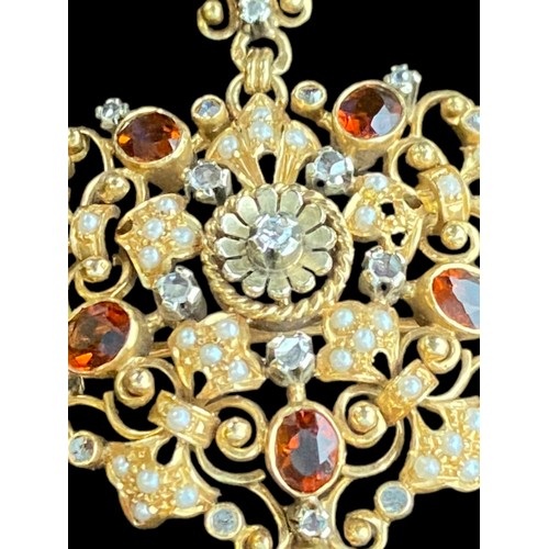 462 - A BROOCH/ PENDANT  ANTIQUE ,VERY DETAILED SET WITH DIAMONDS ,SEED PEARLS (2 MISSING) AND BROWN STONE... 