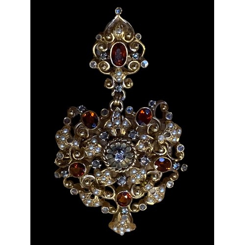 462 - A BROOCH/ PENDANT  ANTIQUE ,VERY DETAILED SET WITH DIAMONDS ,SEED PEARLS (2 MISSING) AND BROWN STONE... 