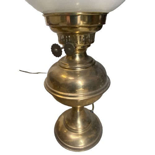 303 - 2 BRASS OIL LAMPS (1 CONVERTED)