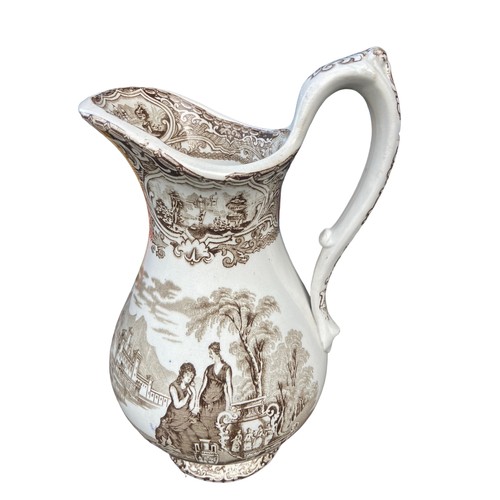 323 - EARLY BROWN AND WHITE JUG AND EDWARDIAN STYLE DECORATIVE JUG