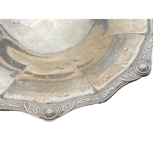 418 - A BIRMINGHAM SILVER DISH ON STAND WITH CELTIC PATTERN TO RIM  WEIGHS 70.94 GRAMS