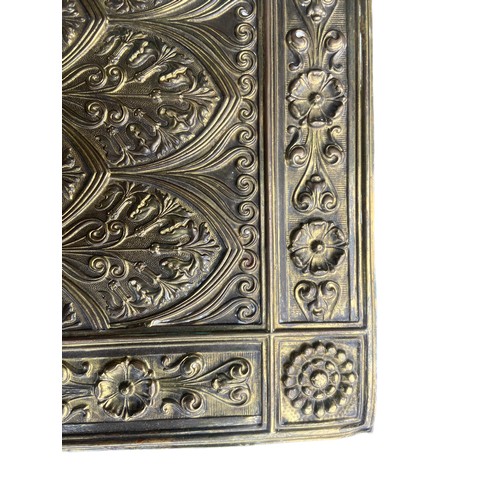 201A - AN ORNATE BRASS FRONTED LETTER BOOK WITH A LEATHER BACK MEASURES 11 x 8.5