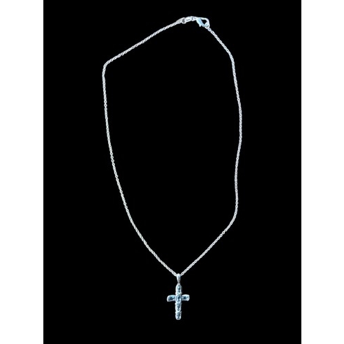 549 - A SILVER BLUE TOPAZ CROSS & CHAIN