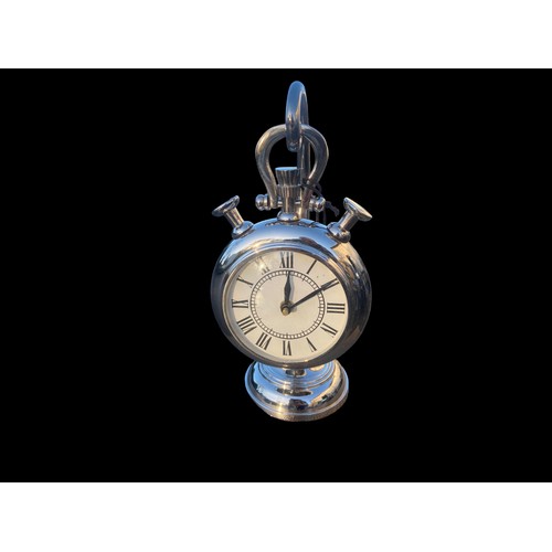 16 - A CHROME FINISHED CLOCK (AS POCKET WATCH) ON STAND