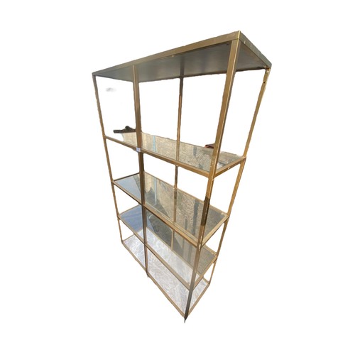 32 - 5 TIERED GILT METAL FRAMED GLASS SHELVING WITH A LOWER MARBLE EFFECT SHELF