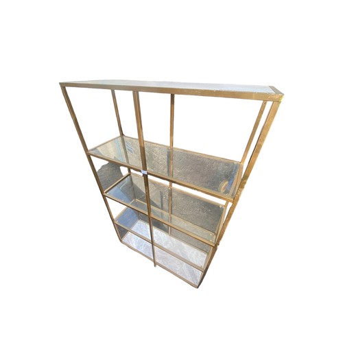 32 - 5 TIERED GILT METAL FRAMED GLASS SHELVING WITH A LOWER MARBLE EFFECT SHELF