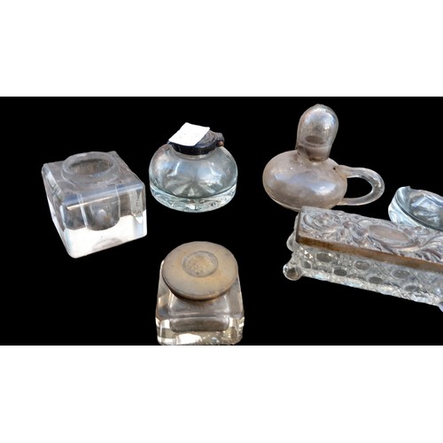 153 - A LOT OF ANTIQUE GLASS & CRYSTAL INKWELLS