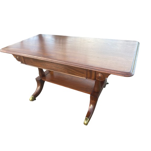 575 - A BEAUTIFUL REGENCY 1 DRAWERED TABLE WITH A FITTED DRAWER ON A QUAD BASE 45x23x24