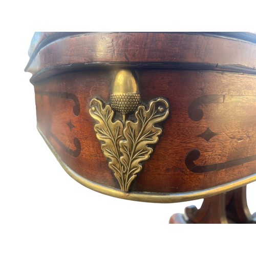 604 - A REGENCY INLAID BRASS MOUNTED CARD TABLE ADORNED WITH A BRASS LOIN HEAD ON A QUAD BASE OF IMMENSE Q... 