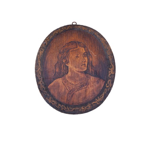 620 - ANTIQUE CARVED POKER WORK WOODEN PORTRAIT PANEL BY C.M CUYLER CHICAGO 10.5