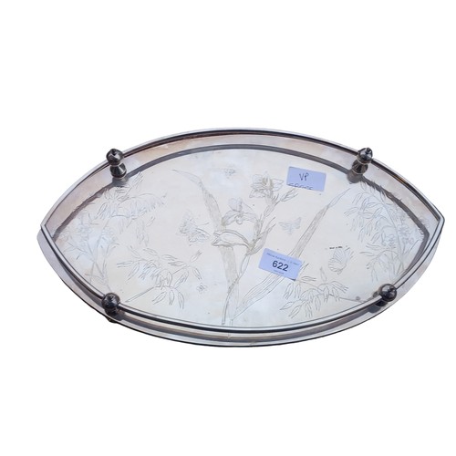 622 - A STUNNING SHAPED SILVER PLATED TRAY WITH FLORAL DISPLAY