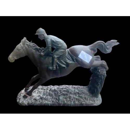 10 - BRONZE EFFECT HORSE AND JOCKEY DAMAGE TO ONE LEG