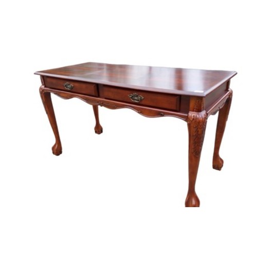 87 - A MAHOGANY 2 DRAWER DESK/TABLE ON A PAW FOOT WITH A CHIPPENDALE STYLE CHJAIR