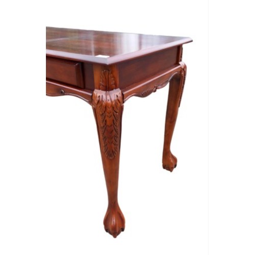 87 - A MAHOGANY 2 DRAWER DESK/TABLE ON A PAW FOOT WITH A CHIPPENDALE STYLE CHJAIR