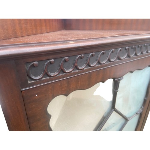 84 - AN ANTIQUE MAHOGANY ASTRO GLAZED CORNER DISPLAY CABINET